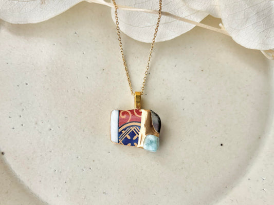有田焼 金継ぎ ネックレス サージカルステンレスチェーン アレルギー対応 18K 和柄 フローライト ラリマー 天然石 伝統工芸 #404