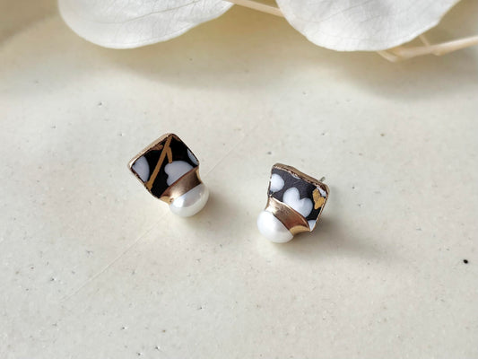 京焼 金継ぎ サージカルステンレスピアス 手書き 絵付け 花柄 黒 淡水パール 天然石 伝統工芸 #409