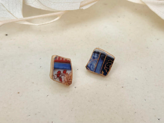 【金具が選べる】古伊万里 金継ぎ ピアス イヤリング 青色 赤色 花柄 和柄 伝統工芸 #426