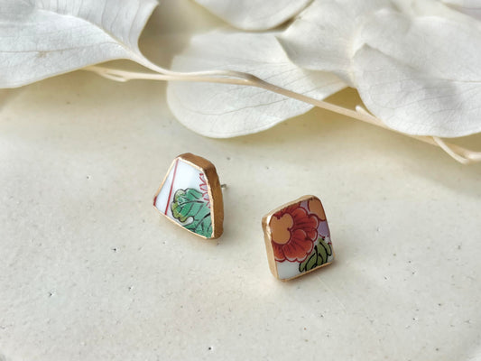 有田焼 金継ぎ サージカルステンレスピアス 花柄 リーフ柄 伝統工芸 #433