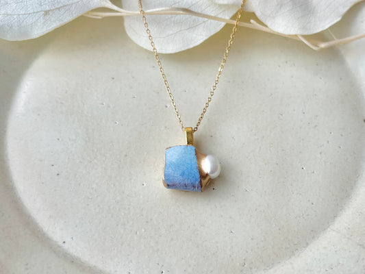 萩焼 金継ぎ ネックレス サージカルステンレスチェーン アレルギー対応 18K 水色 淡水パール 天然石 伝統工芸 #435