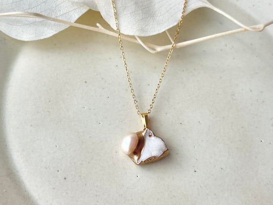 萩焼 金継ぎ ネックレス サージカルステンレスチェーン アレルギー対応 18K 白色 淡水パール 天然石 伝統工芸 #437