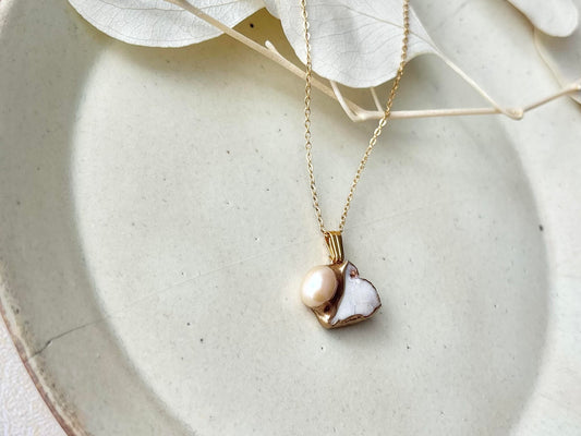 萩焼 金継ぎ ネックレス サージカルステンレスチェーン アレルギー対応 18K 白色 淡水パール 天然石 伝統工芸 #437