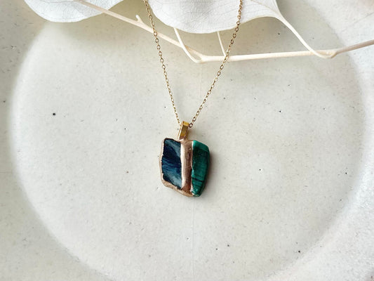 萩焼 金継ぎ ネックレス サージカルステンレスチェーン アレルギー対応 18K 藍色 マラカイト 天然石 伝統工芸 #438