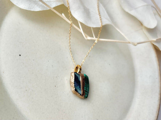 萩焼 金継ぎ ネックレス サージカルステンレスチェーン アレルギー対応 18K 藍色 マラカイト 天然石 伝統工芸 #438