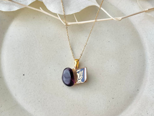 有田焼 金継ぎ ネックレス サージカルステンレスチェーン アレルギー対応 18K リーフ柄 アメジスト 天然石 伝統工芸 #446