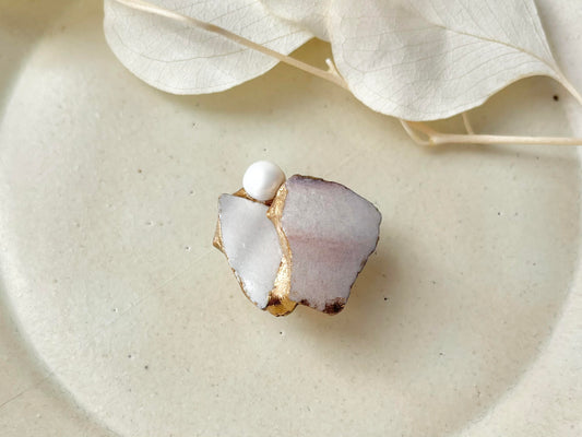 萩焼 金継ぎ 帯留 白 淡水パール 天然石 伝統工芸 #448