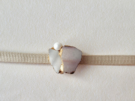 萩焼 金継ぎ 帯留 白 淡水パール 天然石 伝統工芸 #448