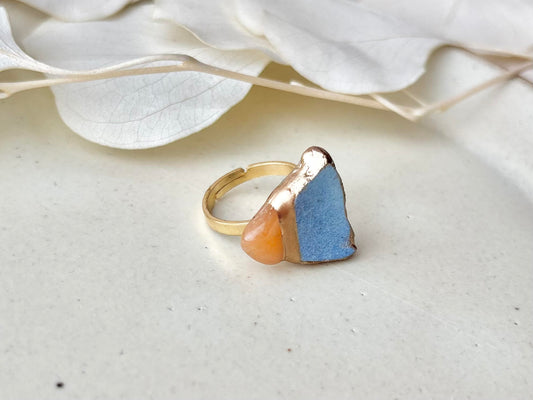 萩焼 金継ぎ リング ステンレス 18Kコーティング フリーサイズ 水色 オレンジアベンチュリン 天然石 伝統工芸 #452