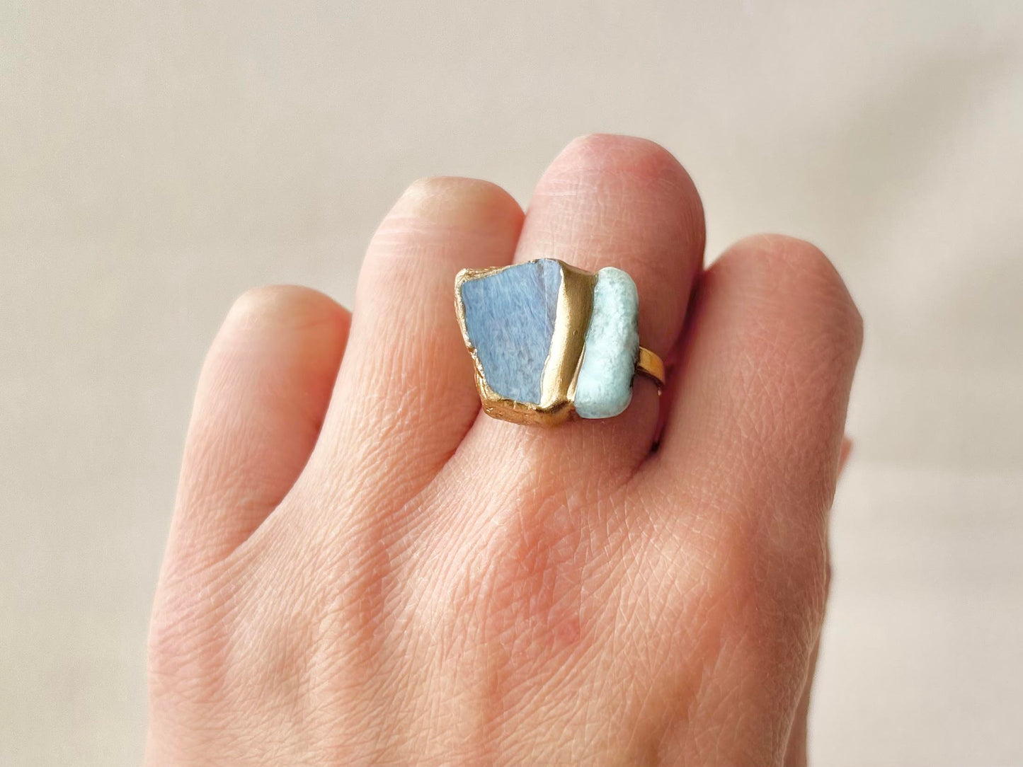 萩焼 金継ぎ リング ステンレス 18Kコーティング フリーサイズ 水色 ラリマー 天然石 伝統工芸 #453