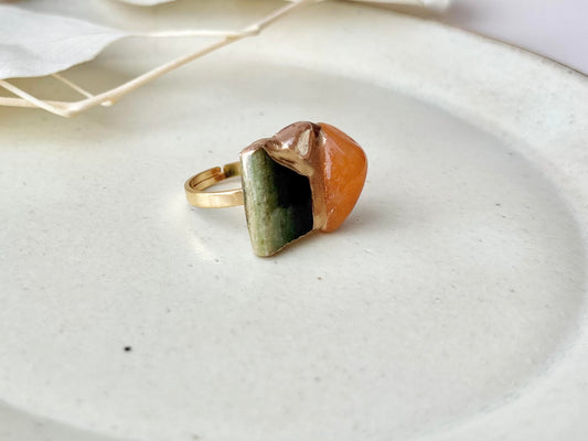 織部焼 金継ぎ リング ステンレス 18Kコーティング フリーサイズ 緑色 オレンジアベンチュリン ゴールドルチルクォーツ 天然石 伝統工芸 #454