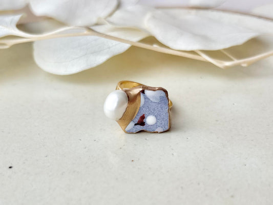 京焼 金継ぎ リング ステンレス 18Kコーティング フリーサイズ 紫 手書き 絵付け 淡水パール 天然石 伝統工芸 #455