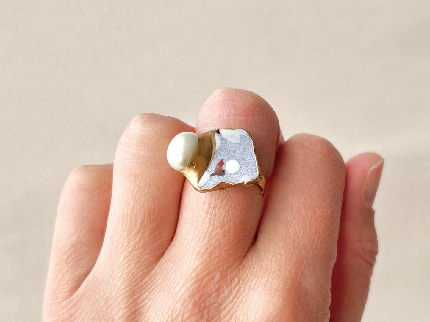 京焼 金継ぎ リング ステンレス 18Kコーティング フリーサイズ 紫 手書き 絵付け 淡水パール 天然石 伝統工芸 #455