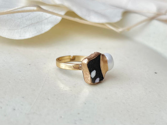 京焼 金継ぎ リング ステンレス 18Kコーティング フリーサイズ 黒 手書き 絵付け 淡水パール 天然石 伝統工芸 #456