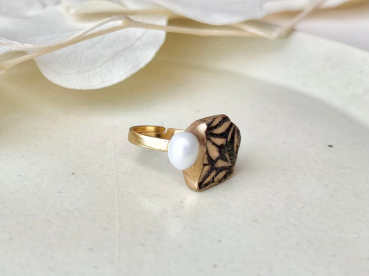 京焼 金継ぎ リング ステンレス 18Kコーティング フリーサイズ グレー 花柄 淡水パール 天然石 伝統工芸 #457