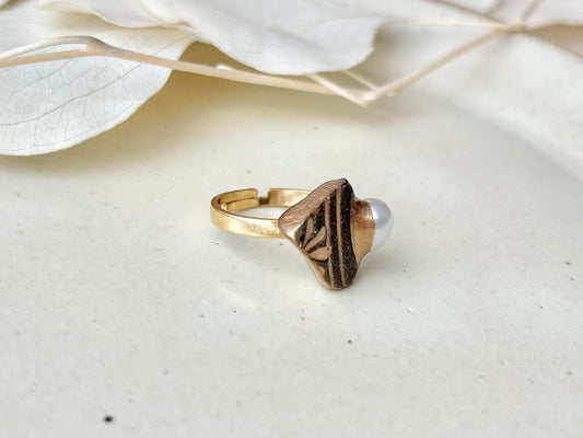 京焼 金継ぎ リング ステンレス 18Kコーティング フリーサイズ グレー 花柄 淡水パール 天然石 伝統工芸 #458