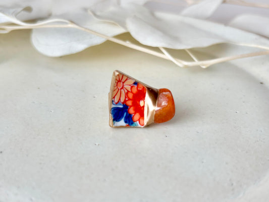 有田焼 金継ぎ リング ステンレス 18Kコーティング フリーサイズ オレンジ 花柄 オレンジアベンチュリン 天然石 伝統工芸 #459