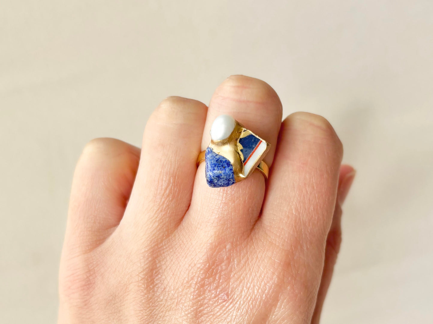 有田焼 金継ぎ リング ステンレス 18Kコーティング フリーサイズ リーフ柄 ラピスラズリ 淡水パール 天然石 伝統工芸 #460