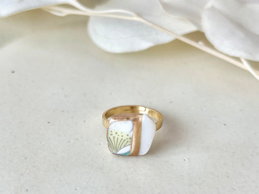 有田焼 金継ぎ リング ステンレス 18Kコーティング フリーサイズ 花柄 マザーオブパール 天然石 伝統工芸 #461