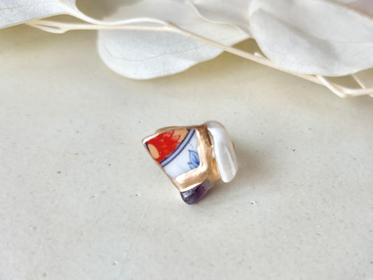 有田焼 金継ぎ リング ステンレス 18Kコーティング フリーサイズ リーフ柄 花柄 マザーオブパール フローライト 天然石 伝統工芸 #462