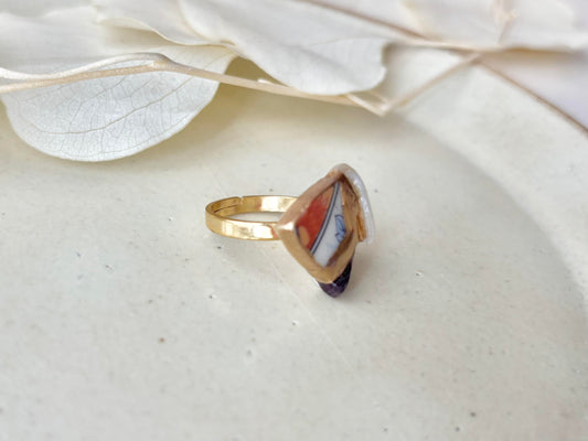 有田焼 金継ぎ リング ステンレス 18Kコーティング フリーサイズ リーフ柄 花柄 マザーオブパール フローライト 天然石 伝統工芸 #462