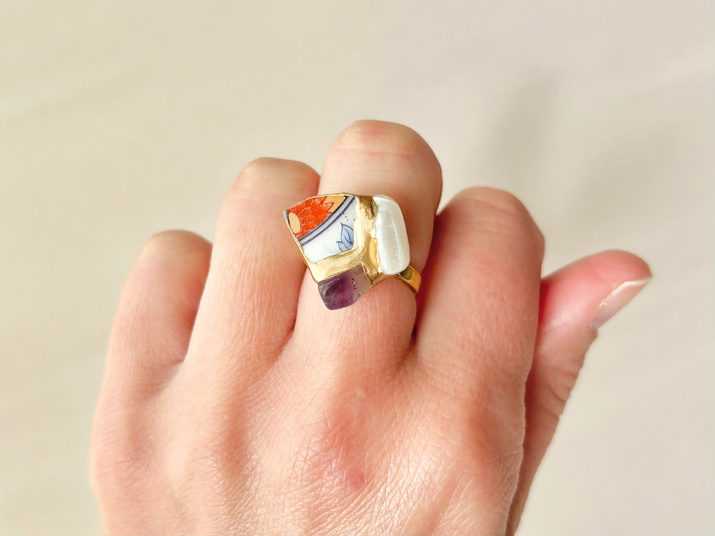 有田焼 金継ぎ リング ステンレス 18Kコーティング フリーサイズ リーフ柄 花柄 マザーオブパール フローライト 天然石 伝統工芸 #462