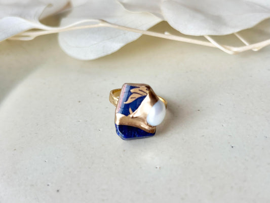 有田焼 金継ぎ リング ステンレス 18Kコーティング フリーサイズ リーフ柄 ラピスラズリ 淡水パール 天然石 伝統工芸 #463