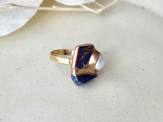 有田焼 金継ぎ リング ステンレス 18Kコーティング フリーサイズ リーフ柄 ラピスラズリ 淡水パール 天然石 伝統工芸 #463