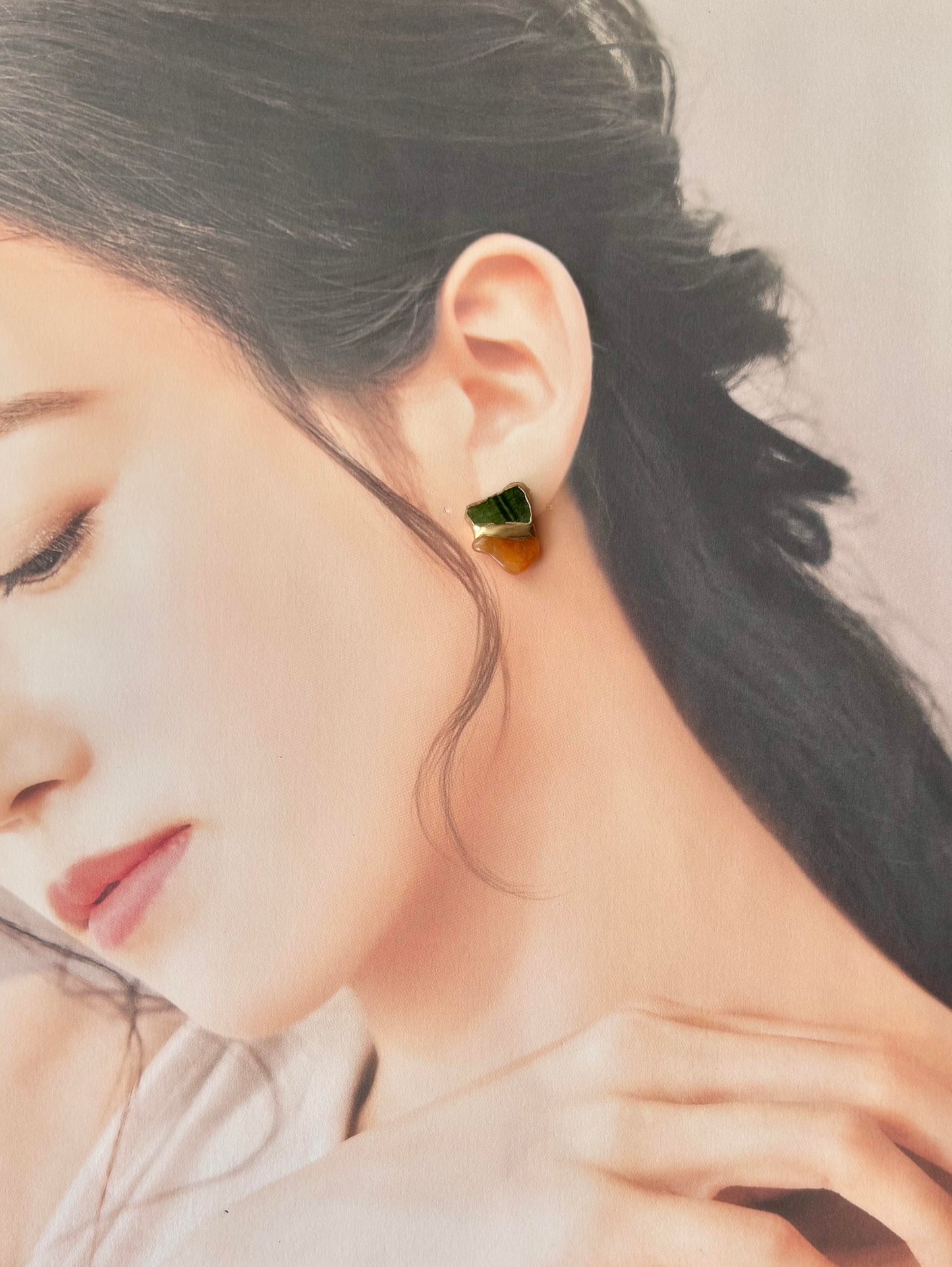 【金具が選べる】織部焼 金継ぎ ピアス イヤリング 緑 オレンジアベンチュリン 天然石 伝統工芸 #468