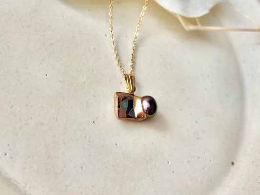 有田焼 金継ぎ ネックレス サージカルステンレスチェーン アレルギー対応 18K リーフ柄 淡水パール 天然石 伝統工芸 #480