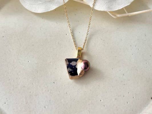 有田焼 金継ぎ ネックレス サージカルステンレスチェーン アレルギー対応 18K 青 リーフ柄 淡水パール 天然石 伝統工芸 #481