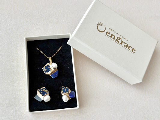 有田焼 金継ぎ サージカルステンレスピアス・ネックレスセット 金色 リーフ柄 淡水パール ラピスラズリ 伝統工芸 #491