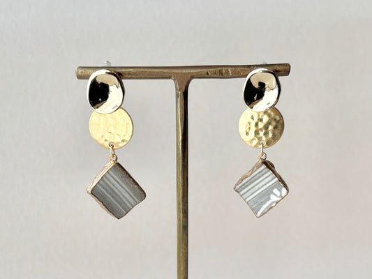 京焼 金継ぎ サージカルステンレスピアス グレー 線模様 花柄 揺れる 伝統工芸 #499