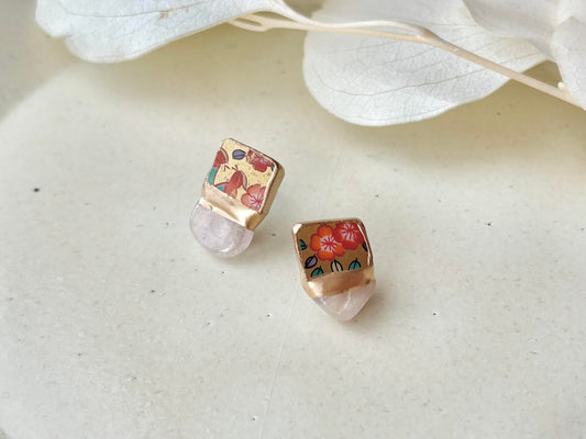 有田焼 金継ぎ サージカルステンレスピアス 花柄 リーフ柄 ゴールド モルガナイト 天然石 伝統工芸 #506