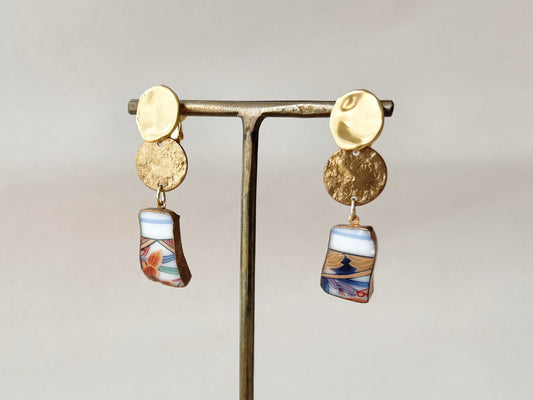 有田焼 金継ぎ ネジバネ式イヤリング 花柄 リーフ柄 揺れる 伝統工芸 #512