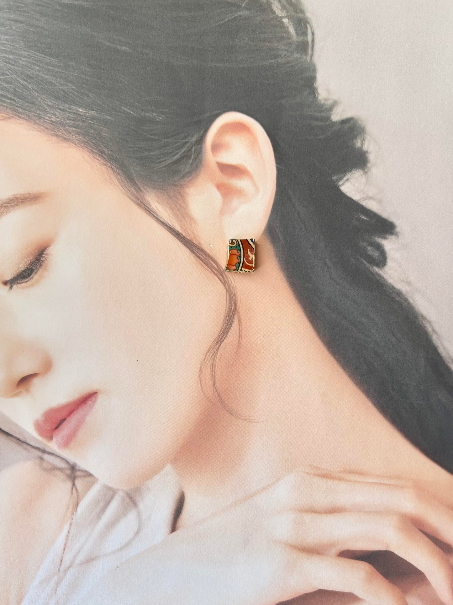 【金具が選べる】有田焼 金継ぎ ピアス イヤリング オレンジ 花柄 伝統工芸 #519