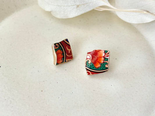 【金具が選べる】有田焼 金継ぎ ピアス イヤリング オレンジ 花柄 伝統工芸 #519