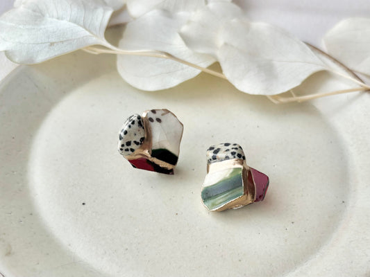 織部焼 金継ぎ サージカルステンレスピアス 緑 白 ダルメシアンジャスパー 天然石 伝統工芸 #521