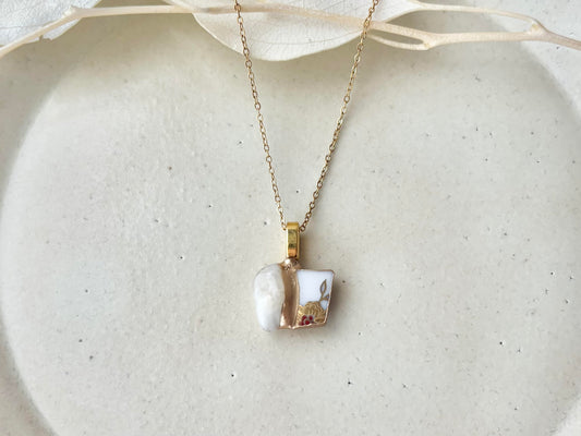 Arita Ware Kintsugi Necklace, Surgical Stainless Steel Chain, Hypoallergenic, 18K, Blue, Leaf Pattern, Freshwater Pearl, Natural Stone, Traditional Craft, #481