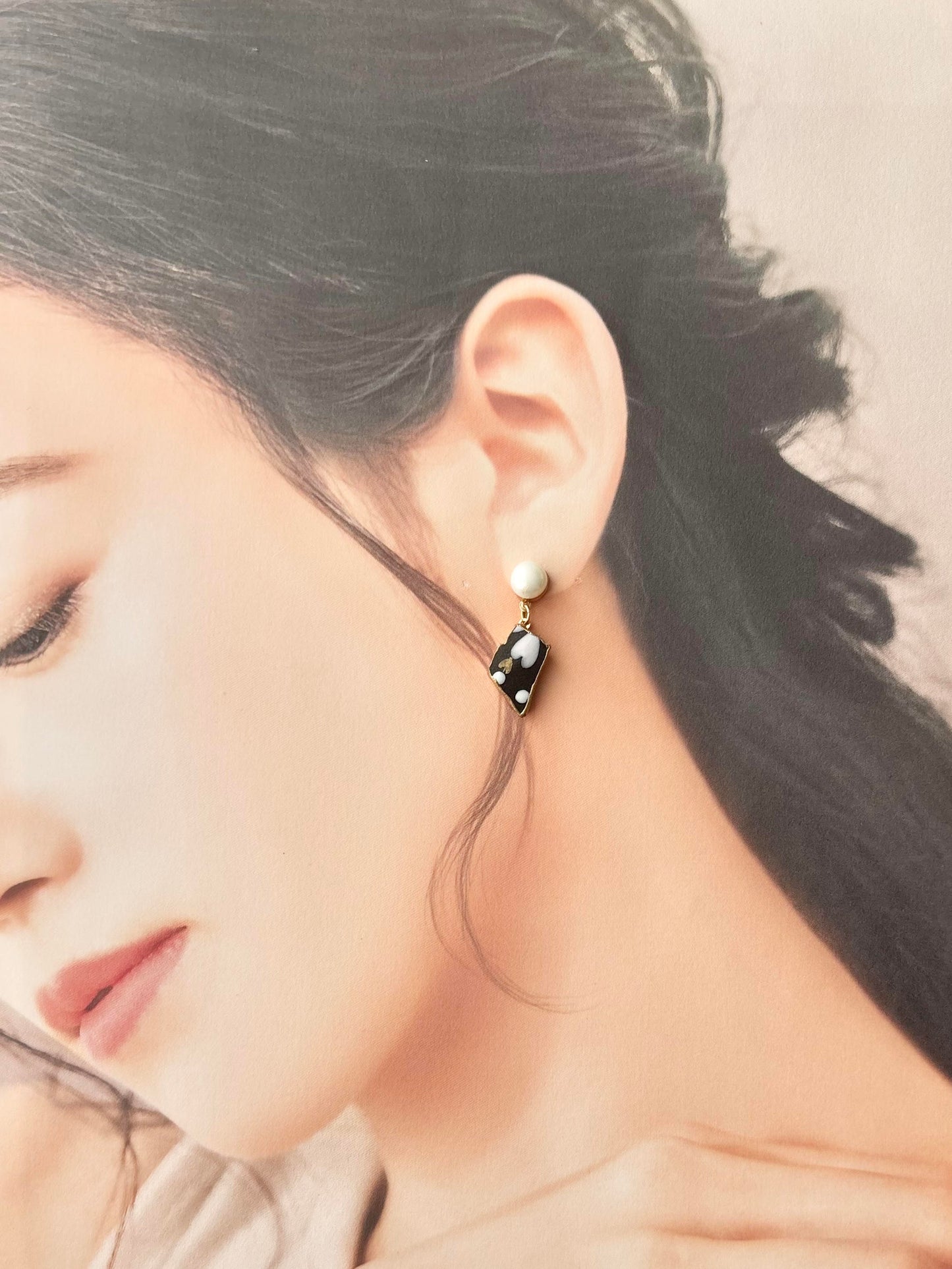 京焼 金継ぎ サージカルステンレスピアス 手書き 絵付け 淡水パール 天然石 伝統工芸 #590