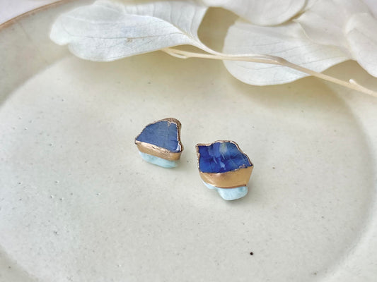 【金具が選べる】萩焼 金継ぎ ピアス イヤリング 藍色 ラリマー 天然石 伝統工芸 #602
