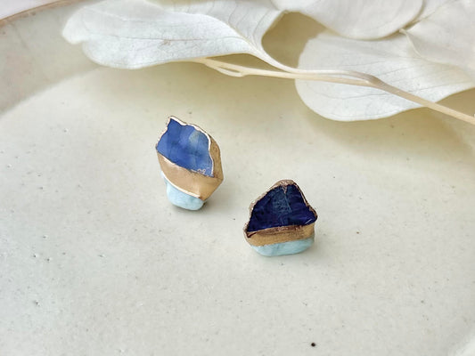 【金具が選べる】萩焼 金継ぎ ピアス イヤリング 藍色 ラリマー 天然石 伝統工芸 #602