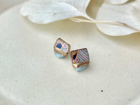 【金具が選べる】有田焼 金継ぎ ピアス イヤリング 和柄 ラリマー 天然石 伝統工芸 #604