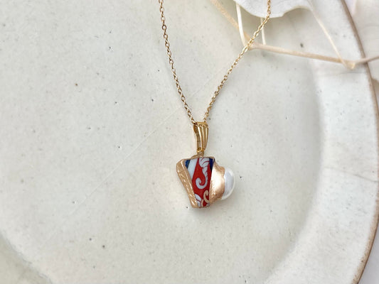 有田焼 金継ぎ ネックレス サージカルステンレスチェーン アレルギー対応 18K 和柄 淡水パール 伝統工芸 #621