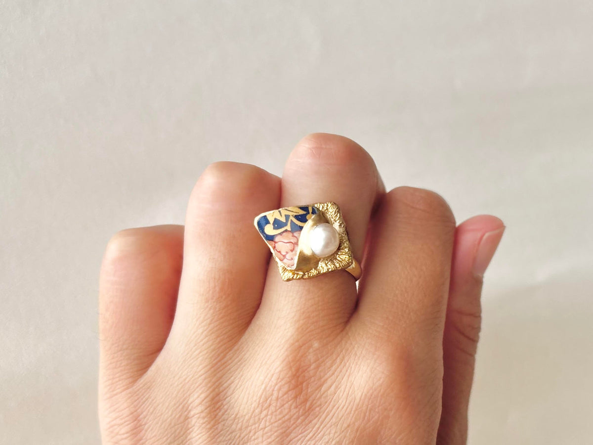 有田焼 金継ぎ リング サージカルステンレス304 18K PVD フリーサイズ 花柄 リーフ柄 淡水パール 天然石 伝統工芸 #649