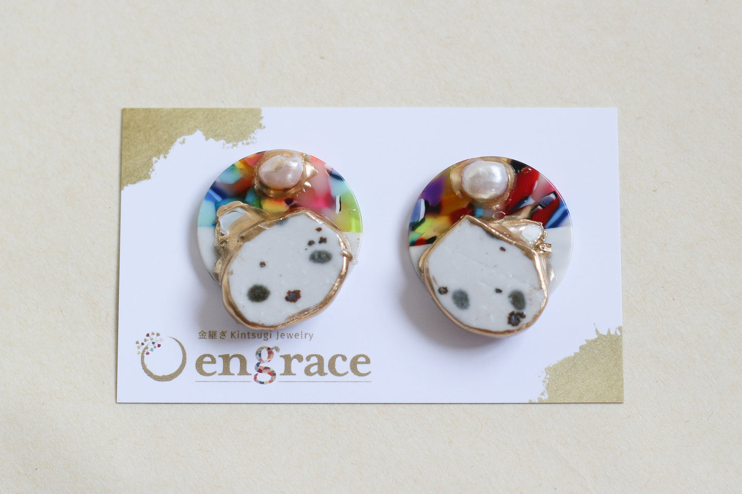 ①信楽陶土 金継ぎ ピアス イヤリング / 淡水パール シェル アクリル レトロモダン 大きなピアス 伝統工芸