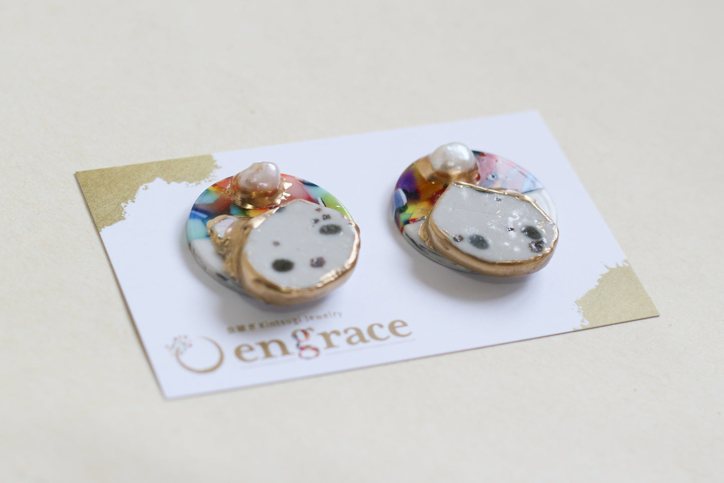 ①信楽陶土 金継ぎ ピアス イヤリング / 淡水パール シェル アクリル レトロモダン 大きなピアス 伝統工芸