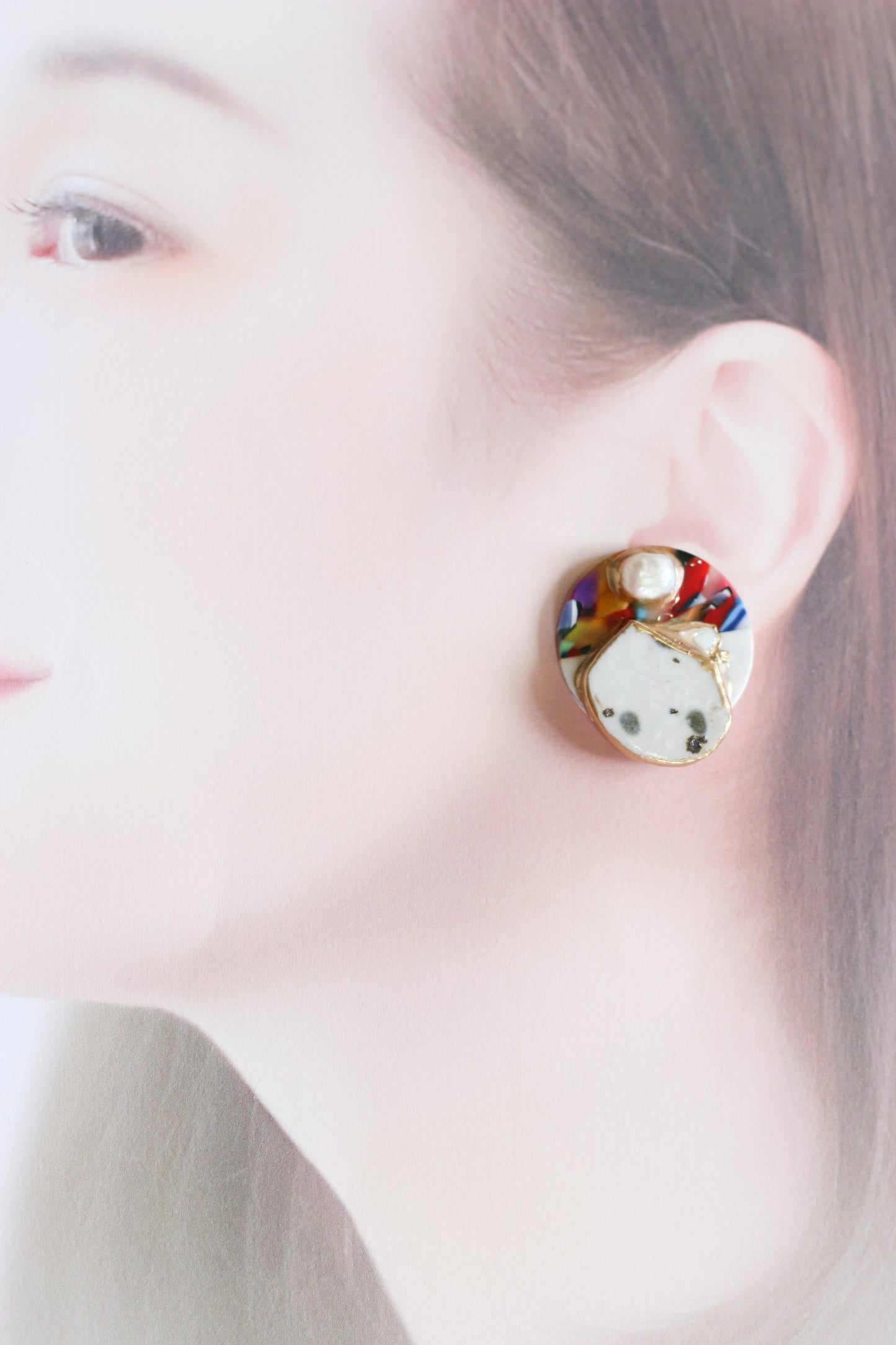 ①信楽陶土 金継ぎ ピアス イヤリング / 淡水パール シェル アクリル レトロモダン 大きなピアス 伝統工芸