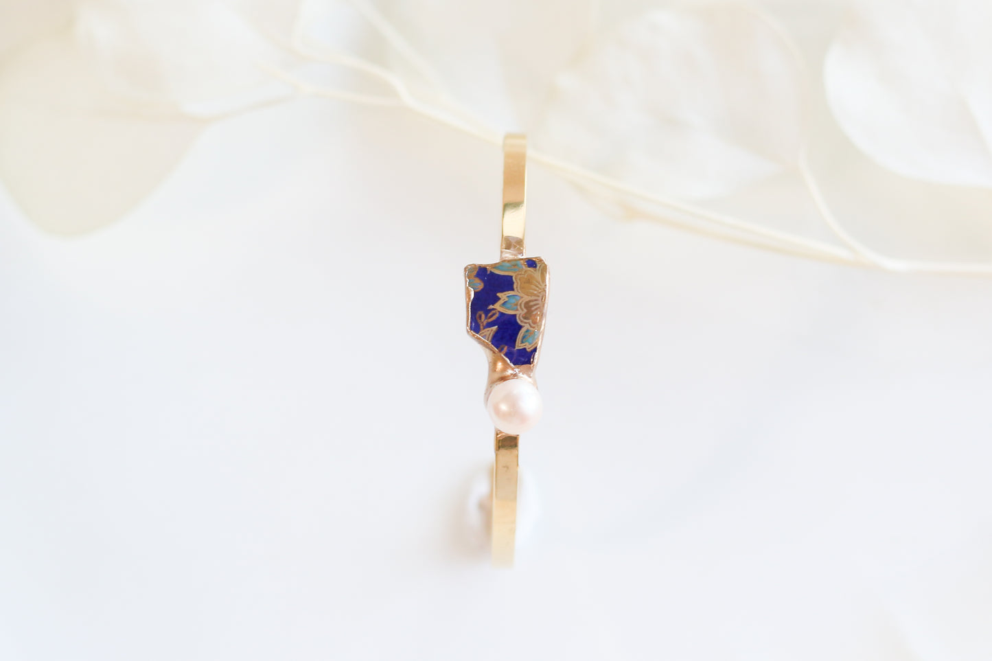 有田焼 金継ぎ サージカルステンレス ブレスレット バングル ブルー 淡水パール 伝統工芸 #a28
