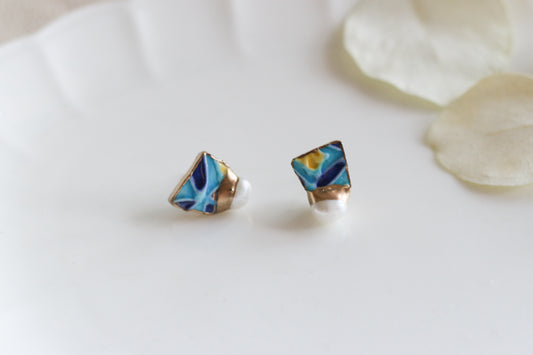 【Premium Series】 京・清水焼 金継ぎ サージカルステンレスピアス ターコイズブルー パール #a43